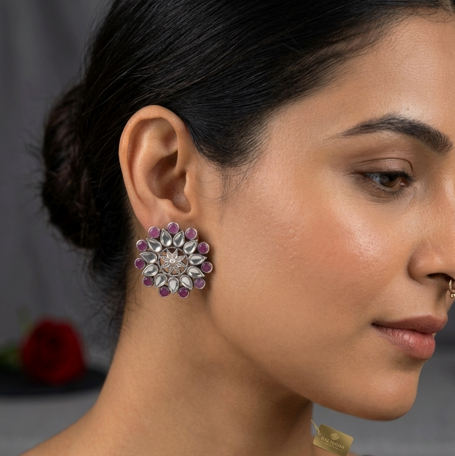Silver Ruby Pink Polki Stud Earrings 